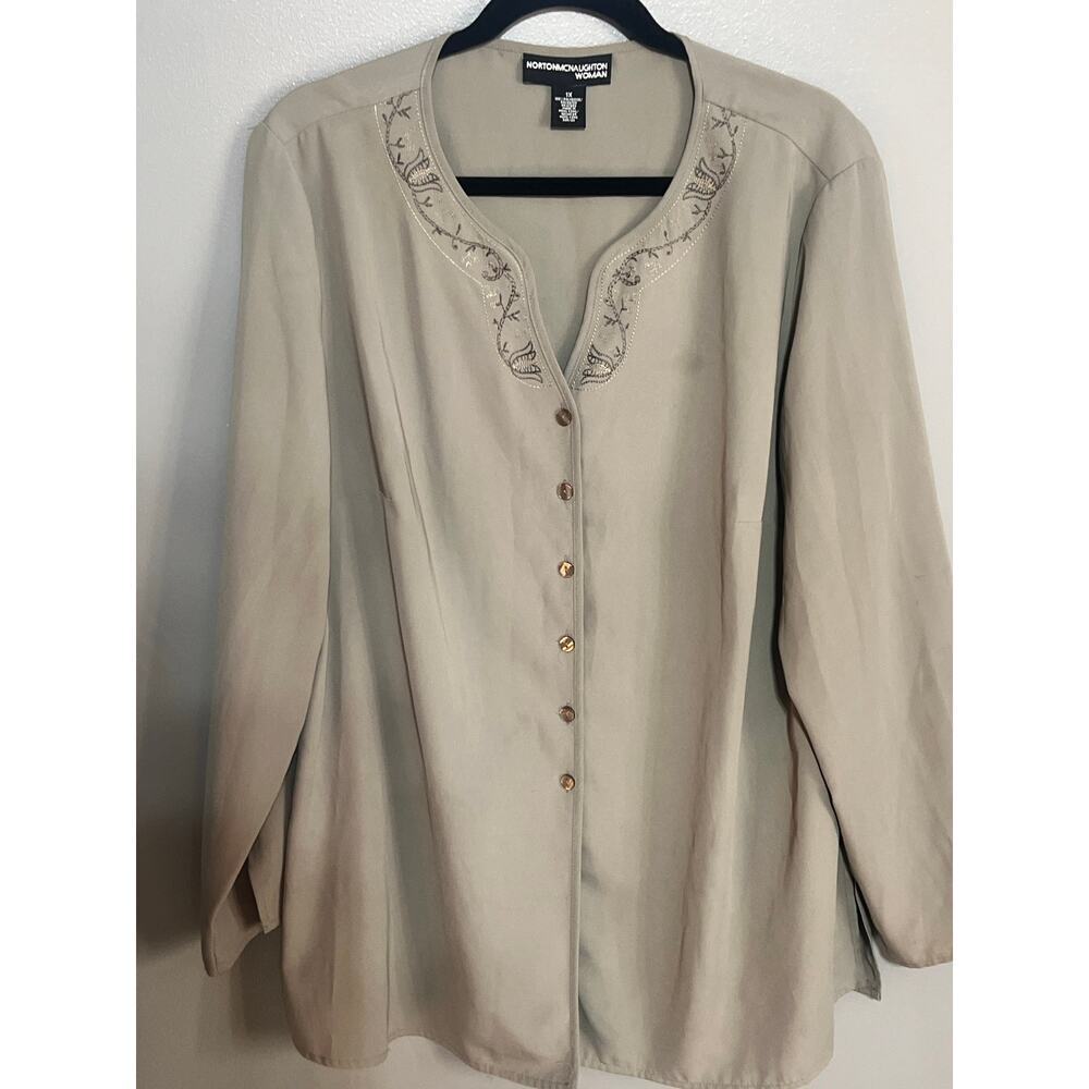 Norton McNaughton Blouse Green 1X stitching around neck Olive Green Polyester